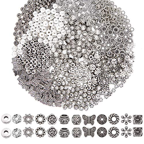 EuTengHao 600pc Spacer Beads Schmuck Perlen Charm Spacers Alu Spacer Beads für Schmuck Herstellung DIY Armbänder Halskette und Handwerk (12 Styles, Matt Silber und Bright Silver) von EuTengHao