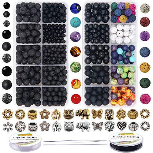 EuTengHao 810pcs Farbe Lavastein Perlen Stein Chakra Perlen Spacer Beads Kit mit Vulkan-Edelstein Kristall String für Diffusor ätherische Öle Yoga Armbänder DIY Schmuck Herstellung Zubehör 4/6/8 mm von EuTengHao