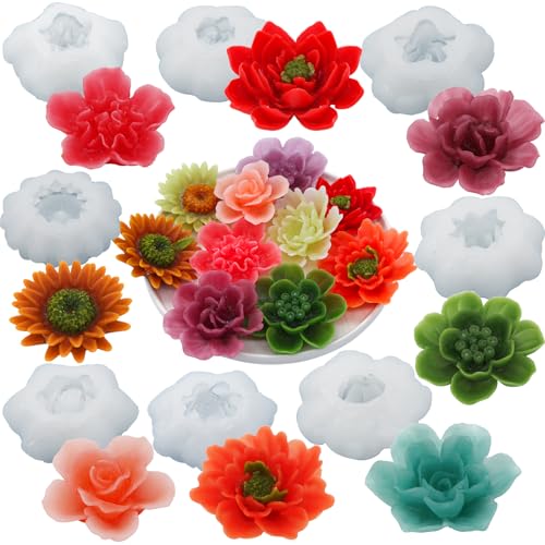 EuTengHao Blumen-Silikon-Kerzenformen für Wachs, Kerzen, Seife, Silikonharz, Kuchenherstellung, 3D-Pflanzenwachs, Duftkerze, Seife, Silikonharz, Gießformen (8 Stile Blumen) von EuTengHao