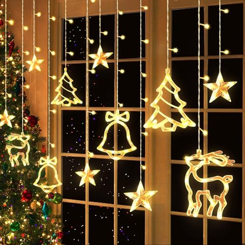 Vorhang Weihnachtsbeleuchtung, Euakee Weihnachten Fenster Lichter, Sauglampe, Neuheit String Lichter mit hängenden Mini Xmas Figur Ornamente für Weihnachtsbaum, Fenster Vorhang, Wand, Kamin von Euakee