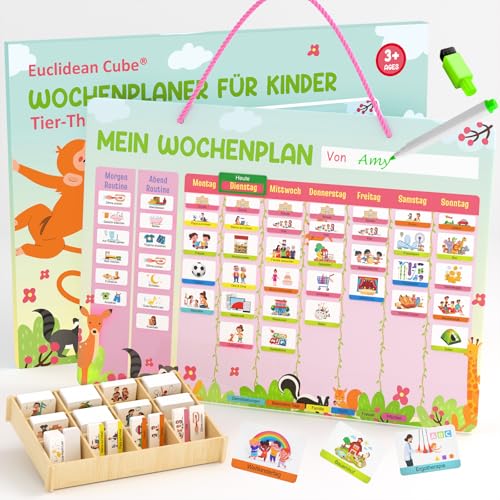 Wochenplaner Kinder - Tier Thema Magnettafel inkl. 237 Magnete, Aufbewahrungsbox, Staffeleien, Haken, Kordel & Stift - Tägliche Routinen erlernen - Montessori Spielzeug für Kinder ab 3 Jahre von Euclidean Cube