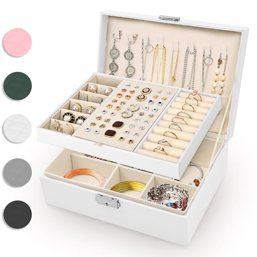 Eucomir Schmuckkästchen für Damen,Große Schmuckaufbewahrung 2-Schichtige Reise Schmuckschatulle PU-Leder Schmucketui für Ringe,Armbänder,Ohrringe,Halsketten,Milchiges Weiß von Eucomir