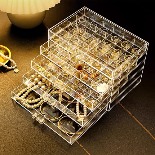 Transparente Acryl-Schmuck-Aufbewahrungsbox, Ohrring-Schmuck-Organizer mit 5 Schubladen, 5-lagige Schmuckschatulle für Frauen, Ohrring-Display-Halter für Ohrringe, Ring, 79 Fächer, Aufbewahrungsbox von Euedue