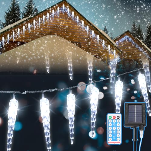 Eulenke Eiszapfen Lichterkette solar, kaltweiß icicle lights mit fernbedienung, IP44, 8modi und Speicherfunktion, Geeignet für Hochzeiten, Weihnachten und andere Feiertage, 10M(80Zapfen) von Eulenke