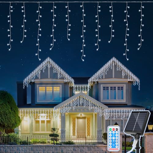 Eulenke Solar Eisregen Lichterkette Außen, 200LEDs, 8 Modi & Memory-Funktion, solarlichterkette mit Fernbedienung, IP44, Geeignet für die Innen- und Außendekoration von Häusern, kaltweiß von Eulenke