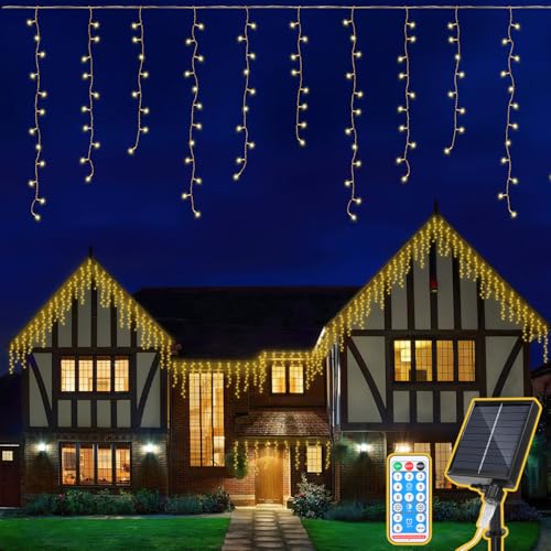 Eulenke Solar Eisregen Lichterkette Außen, 200LEDs, 8 Modi & Memory-Funktion, solarlichterkette mit Fernbedienung, IP44, Geeignet für die Innen- und Außendekoration von Häusern, warmweiß von Eulenke