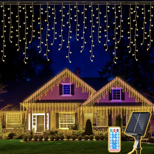 Eulenke Solar Eisregen Lichterkette Außen, 400LEDs, 8 Modi & Memory-Funktion, solarlichterkette mit Fernbedienung, IP44, Geeignet für die Innen- und Außendekoration von Häusern, warmweiß von Eulenke