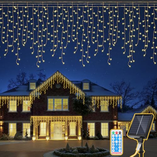 Eulenke Solar Eisregen Lichterkette Außen, 600LEDs, 8 Modi & Memory-Funktion, solarlichterkette mit Fernbedienung, IP44, Geeignet für die Innen- und Außendekoration von Häusern, warmweiß von Eulenke