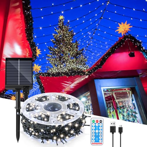 Eulenke Solar Lichterkette Aussen 100M 1000LEDs, Solarlichterkette Wasserdicht mit Fernbedienung Timer, 8 Modi Dimmbar Lichterkette für Party Garten Balkon Terrasse Weihnachten(Kaltweiß) von Eulenke