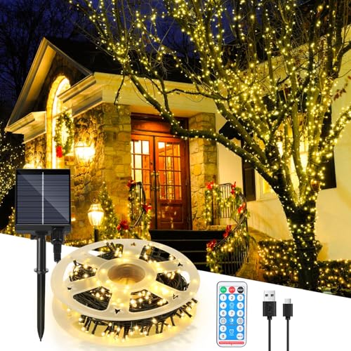 Eulenke Solar Lichterkette Aussen 50M 500LEDs, Solarlichterkette Wasserdicht mit Fernbedienung Timer, 8 Modi Dimmbar Lichterkette für Party Garten Balkon Terrasse Weihnachten(Warmweiß) von Eulenke