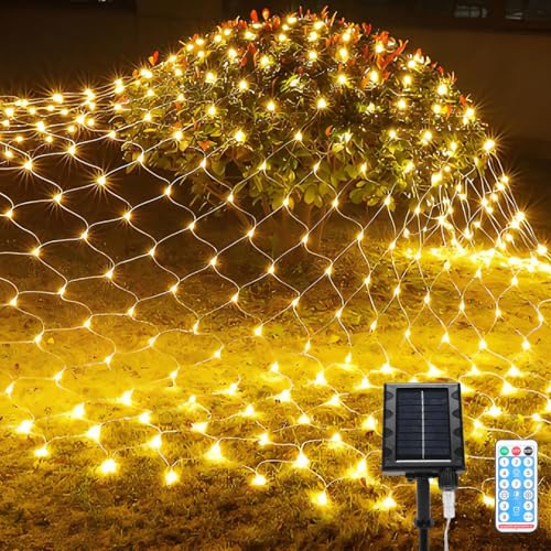 Eulenke lichternetz solar 1,5x1,5m, 120 LEDs Warmweiß Energieeinsparung lichternetz mit Fernbedienung, Helligkeit einstellbar, 8 Modi + Memory-Funktion, IP44, Lichtempfindlich Kontrolle von Eulenke