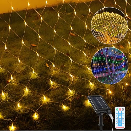 Eulenke lichternetz solar 2x2m, 240 LEDs Warmweiß Energieeinsparung lichternetz mit Fernbedienung, Helligkeit einstellbar, 8 Modi + Memory-Funktion, IP44, Lichtempfindlich Kontrolle von Eulenke