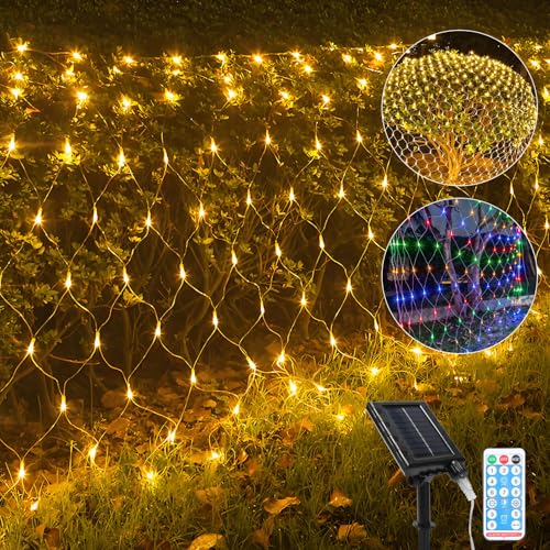 Eulenke lichternetz solar 3x2m, 240 LEDs Warmweiß Energieeinsparung lichternetz mit Fernbedienung, Helligkeit einstellbar, 8 Modi + Memory-Funktion, IP44, Lichtempfindlich Kontrolle von Eulenke