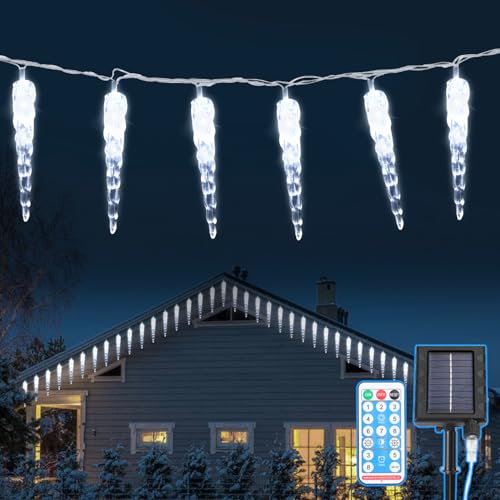 Eulenke solar Eiszapfen Lichterkette,10m(80LEDs) icicle lights mit fernbedienung, lichter für Innen- und Außendekoration, Weihnachtsbaumdekoration, kaltweiß von Eulenke