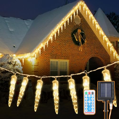 Eulenke solar Eiszapfen Lichterkette,10m(80LEDs) icicle lights mit fernbedienung, lichter für Innen- und Außendekoration, Weihnachtsbaumdekoration, warmweiß von Eulenke