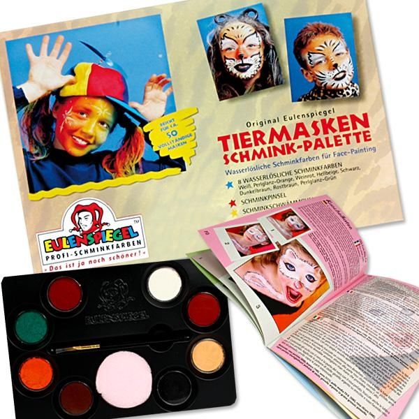 Tiermasken-Schminkpalette f. Katzengesicht / Hundegesicht etc., mit 8 Farben, Pinsel, Schwamm, Anleitung von Eulenspiegel