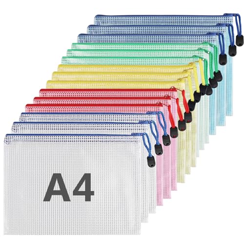 15 Stück Dokumententasche mit Reißverschluss A4, Wasserdichte Bunte Document Case, Datei Tasche Kunststoff für Dokumente, Quittung, Papier, Schule, Prüfungsblatt, Kosmetik, Reise (5 Farben) von Euleryoo