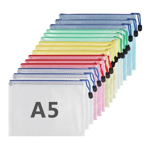 15 Stück Dokumententasche mit Reißverschluss A5, Wasserdichte Bunte Document Case, Datei Tasche Kunststoff für Dokumente, Quittung, Papier, Schule, Prüfungsblatt, Kosmetik, Reise (5 Farben) von Euleryoo