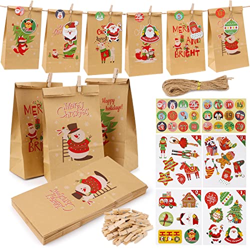 24 Adventskalender zum Befüllen, DIY Weihnachtskalender Papiertüten mit Zahlenaufkleber Jute-Schnur und Holzklammern, Xmas Adventkalender Selber Basteln für Kinder & Erwachsene, Braun von Euleryoo