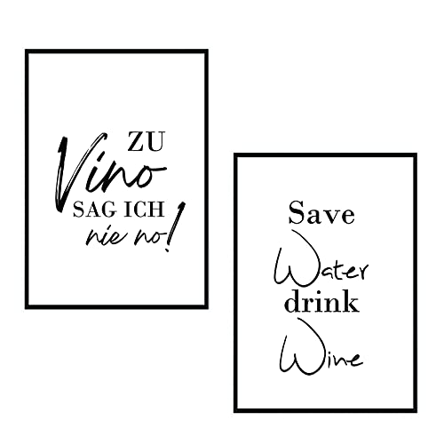 Set - Poster Bild DIN A4 - Zu Vino sag ich nie no Bilder - Die Geschenkidee für Weinliebhaber - Plakat Spruch lustiges Wein Geschenk Wine Sprüche Typografie schwarz weiß Küche Wohnzimmer Deko von Eummelchen