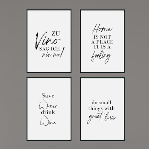 Set - Poster Bild DIN A4 - Zu Vino sag ich nie no - Die Geschenkidee für Weinliebhaber - Plakat Spruch lustiges Wein Geschenk Wine Sprüche Typografie schwarz weiß Küche Wohnzimmer Deko (Vino 4er Home) von Eummelchen