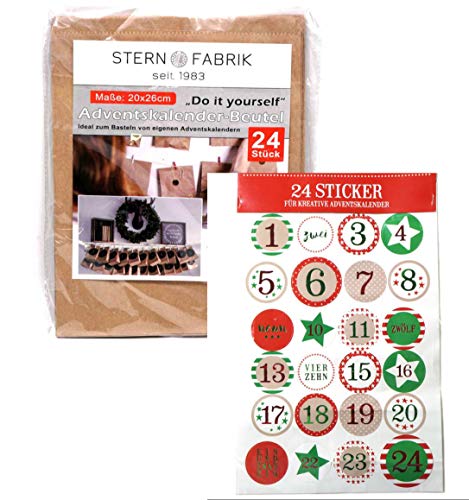 Adventskalender DIY Beutel zum Befüllen Set mit 24 Papiertüten und 1-24 Zahlen Aufkleber von EuroDiscount