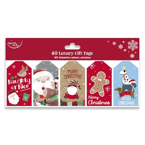 Eurowrap 40 Stück Luxuriöse Geschenkanhänger für Weihnachten - Niedliche Designs - 5 Sortiert - Geschenkanhänger für Kinder - Geschenkpapier für Weihnachten - Weihnachtsverpackung von Eurowrap