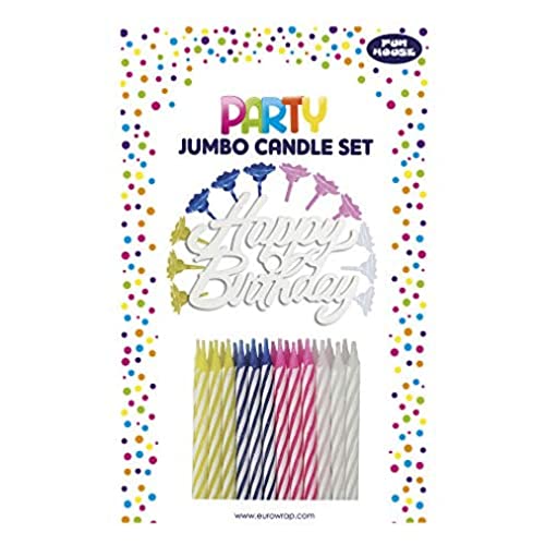 Eurowrap Clairefontaine 12636-GC - Set mit 24 Kerzen (+ 12 Kerzenhalter) sortierte Farben + Deko ''Happy Birthday'', 1 Set, Weiß von Eurowrap