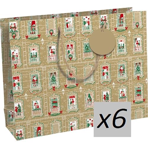 Eurowrap X-34659-6C – Weihnachtsgeist, Kraft, Einkaufstasche, 37,3 x 11,8 x 27,5 cm, 6 Stück von Eurowrap