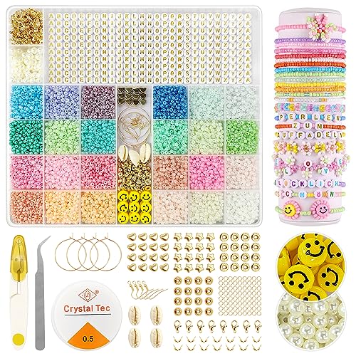 Eurtes Perlen zum Auffädeln Kit, 12000PCS 24 Farben Ketten Selber Machen Set mit Smiley und A-Z Buchstaben, 3mm Pastell Glasperlen für Armbänder, Schmuck Armband Basteln für Kinder/Erwachsene von Eurtes