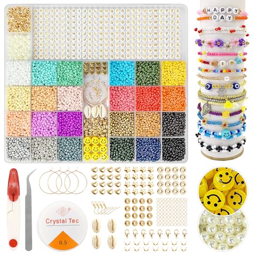 Eurtes Perlen zum Auffädeln Kit, 12000PCS 3mm Pastell Glasperlen für Armbänder, 24 Farben Ketten Selber Machen Set mit Smiley und A-Z Buchstaben, Schmuck Armband Basteln für Kinder/Erwachsene von Eurtes