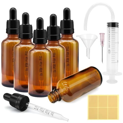 Eurtes Pipettenflasche, 6 Stk 50ml Apothekerflasche Pipette mit Trichter Aufkleber und Etikett, Braunglasflasche Tropfflasche für Ätherische Öl, Parfümöle, Aromatherapie von Eurtes