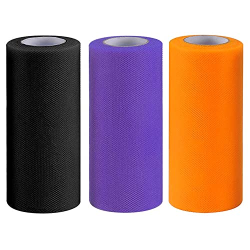 Euvoym 3 Rollen Halloween Tüll Stoff Spule Rolle Schwarz Orange Lila Sheer Stoff Spule Band für Tutu Schleifen Herstellung Halloween Dekoration, 15,2 cm x 22,7 m/Spule von Euvoym