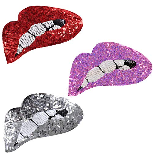 EvaGO 3 Stück Silber Rot Rosa Mund Patches Lippen bestickt Pailletten Lippen Punk Patches für Kleidung Jeans T-Shirt DIY Motiv Applikation von EvaGO