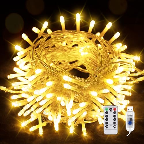 10M LED Lichterkette, 100 LEDs USB Aufladbare Sternen Lichterkette, 8 Modi mit Fernbedienung, Warmweiß Lichterkette Außen und Innen für Weihnachten Halloween Party Hochzeit Terrasse von EvaStary