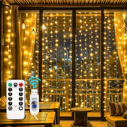 EvaStary Lichtervorhang 2x2 Meter LED Lichtervorhang Innen USB Warmweiß, Lichterkette Innen Fenster mit 8 Modi Fernbedienung, für außen und innen Deko Weihnachten Hochzeit Party Fenster von EvaStary