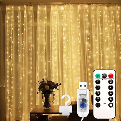 EvaStary Lichtervorhang 300 LEDs 3x3 Meter Lichtervorhang innen USB warmweiß, Lichterkette innen fenster mit 10 Haken, für außen und innen Deko Weihnachten Hochzeit Party Fenster von EvaStary