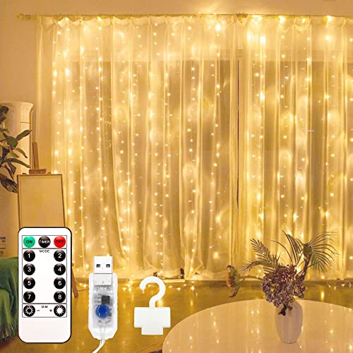 EvaStary Lichtervorhang 3x3 Meter LED Lichtervorhang Innen USB Warmweiß, Lichterkette Innen Fenster mit 8 Modi Fernbedienung, für Außen und Innen Fenster Weihnachten Deko Party Hochzeit von EvaStary