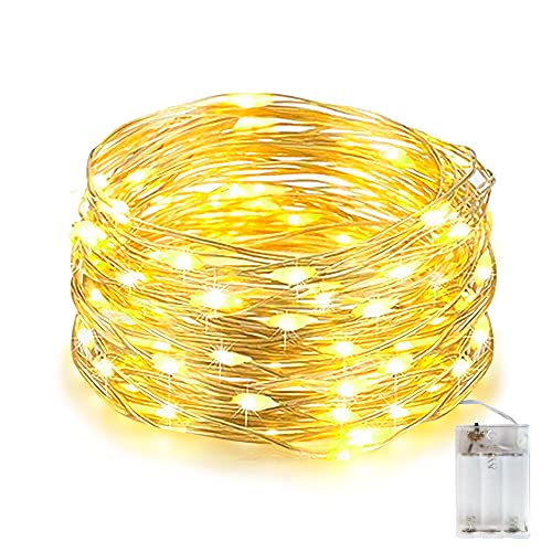 LED Lichterketten, 10M 100 LED Batterie LED Lichterkette, Wasserdichter Leuchtdraht, Tragbare Lichterketten für Schlafzimmer Garten Home Party Hochzeit (Warmweiß) von EvaStary