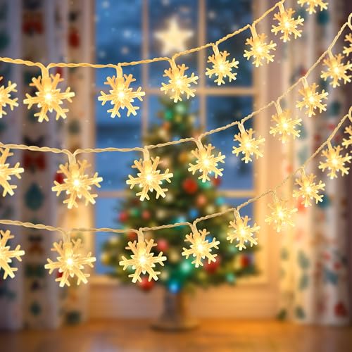 LED Schneeflocken String Lights, 6M 40 LED Lichterkette batteriebetrieben, Indoor Weihnachten dekorative Schnee Lichterkette für Schlafzimmer, Halloween, Garten, Party, Patio, Urlaub, warm weiß von EvaStary