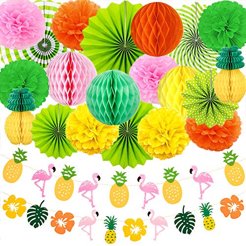 wohot 22pcs Hawaii Party Dekoration, Girlande Flamingo, Papierfächer Deko,Wabenbälle, Ananas Deko, Pompom Geburtstagsdeko Hochzeit Karneval Dekoration von Evance