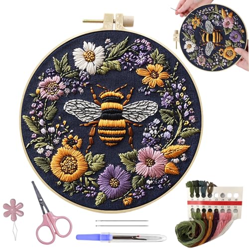 Eventerde Stickset Für Anfänger, Biene Blumen Stickerei StarterKits, 15 cm, Erwachsene Stickset Mit Mustern, Blumenmuster Pflanzen Embroidery Kit, Kreuzstich Set Mit Bambus Stickrahmen von Eventerde