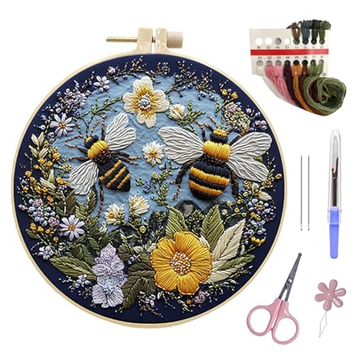 Eventerde Stickset Für Anfänger, Biene Blumen Stickerei StarterKits, 15 cm, Erwachsene Stickset Mit Mustern, Blumenmuster Pflanzen Embroidery Kit, Kreuzstich Set Mit Bambus Stickrahmen von Eventerde