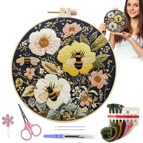 Eventerde Stickset Für Anfänger, Biene Blumen Stickerei StarterKits, 15 cm, Erwachsene Stickset Mit Mustern, Blumenmuster Pflanzen Embroidery Kit, Kreuzstich Set Mit Bambus Stickrahmen von Eventerde