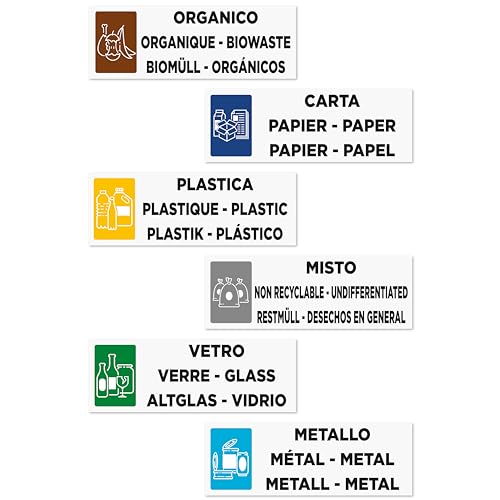 6 Aufkleber für mehrsprachige Mülltrennung | Etiketten für Abfallbehälter in Italienisch-Englisch-Deutsch-Französisch-Spanisch | Format 15 x 5 cm von Everest Adv