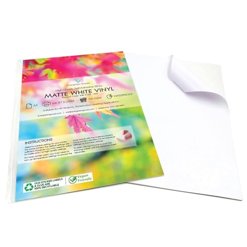 Evergreen Goods 30 Blatt A4 Mattes Weißes Vinyl Selbstklebendes Papier | Wasserdichtes Pvc stickerpapier Für Tintenstrahl & Laserdrucker | Kompatibel Mit Schneidemaschinen (Cricut & Silhouette) von EVG