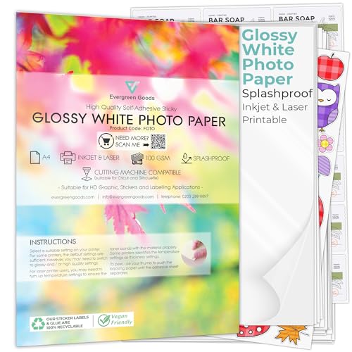 Evergreen Goods selbstklebendes Fotopapier, A4, glänzend, weiß, spritzwassergeschützt, Tintenstrahl- und Laserdrucker, stark haftende Rückseite (10 Blatt) von EVG