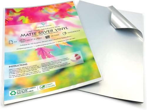 Evergreen Goods 10 Blätter A4 Wasserdicht Matt Silber Vinyl Aufkleberpapier | Inkjet und Laser bedruckbar Fotopapier | Starke klebrige Rückseite Selbstklebende Etiketten Druck Papier von Evergreen Goods Ltd