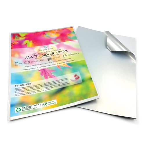 Evergreen Goods 10 Blätter A4 Wasserdicht Matt Silber Vinyl Aufkleberpapier | Inkjet und Laser bedruckbar Fotopapier | Starke klebrige Rückseite Selbstklebende Etiketten Druck Papier von Evergreen Goods Ltd