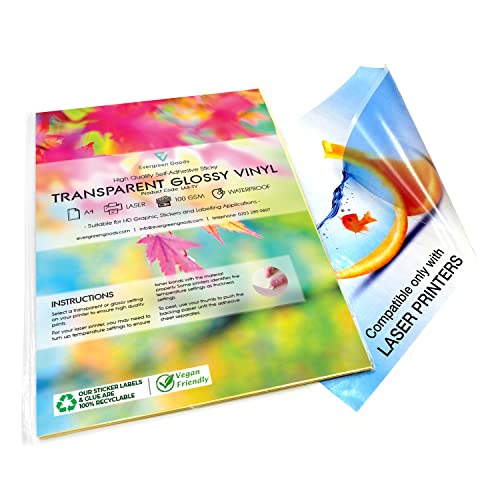 Evergreen Goods 10 Blatt A4 wasserfestes, glänzendes, selbstklebendes, klares Vinyl-Aufkleberpapier - Vollständig anpassbares Laserdruckerpapier - Druckpapier für Schilder, Etiketten und Aufkleber von EVG